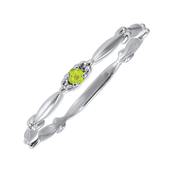 peridot solitaire antique style slender stackable band in 10k white gold
