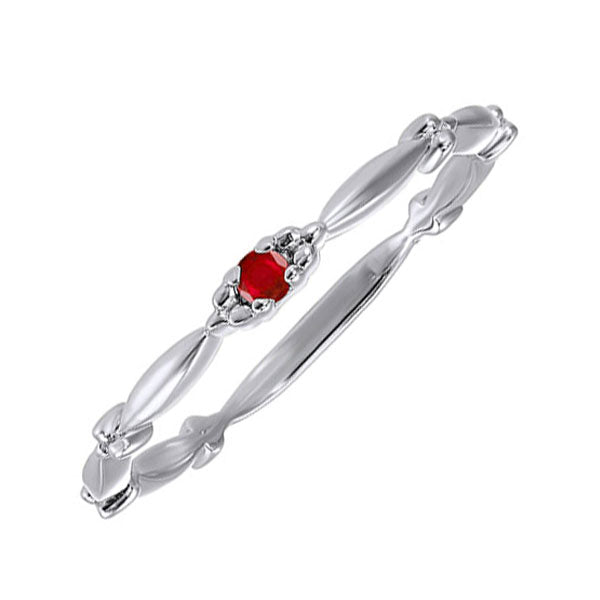 ruby solitaire antique style slender stackable band in 10k white gold