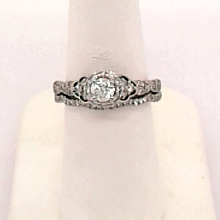 Three Piece Halo Diamond Engagement Ring Set With Curved Band Enhancer -  Abhika Jewels