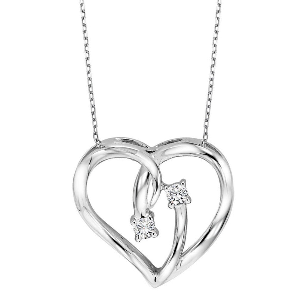 diamond 2-stone open ribbon heart pendant necklace in sterling silver