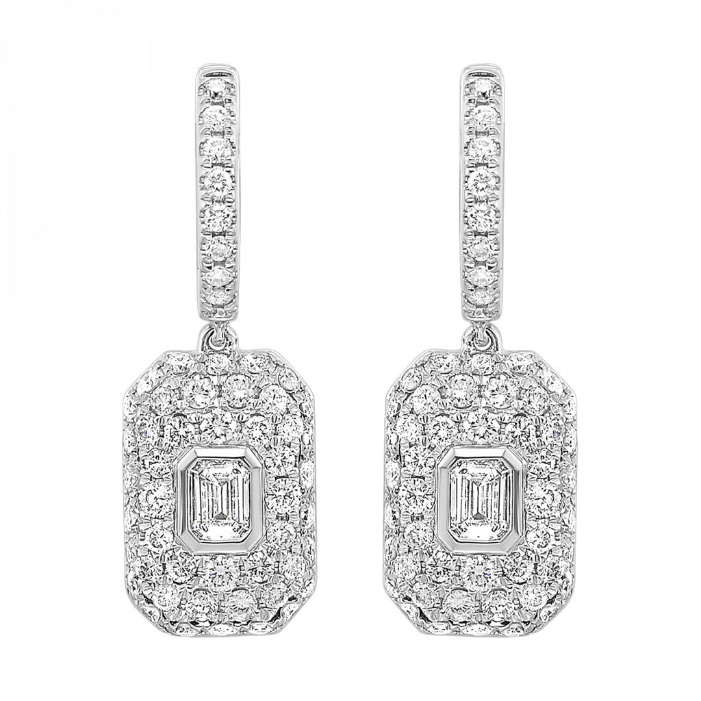 14KW Rectangle Shaped Dangle Drop Round Cluster with Emerald Center Earrings