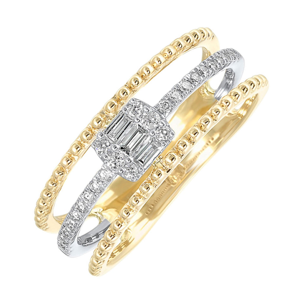 10K White Center Band with Baguette and Round Diamonds and Two Yellow Gold Beaded Bands